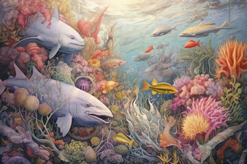 Fototapeta na wymiar Drawing of the underwater world with fish and corals. Beautiful pencil illustration made by AI
