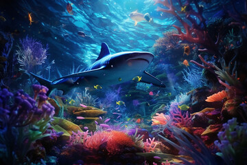 Fototapeta na wymiar An unknown colorful creature underwater. Neon illuminated scary nightmare shark-like animal in the ocean water. Generative AI illustration 