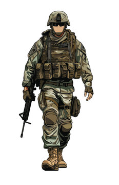 recommend clip art: Illustration of an army soldier in a military uniform with Gun.