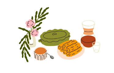 Served food and drink. Corn cob and tea, flower vase composition. Sweet maize vegetables and juice for dinner. Snack, vegetarian eating, meal. Flat vector illustration isolated on white background