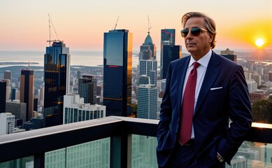 Plakat businessman in the city, an oldman on the top of the building with city view