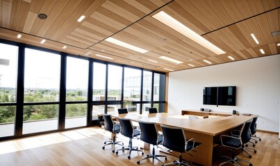 Fototapeta na wymiar Modern Conference Room with Wooden Ceiling and Large Windows