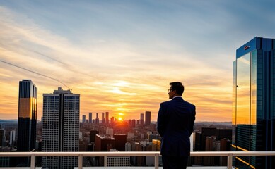 Plakat businessman in the city, an oldman on the top of the building with city view