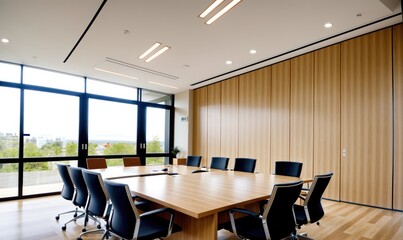 Modern Conference Room with Wooden Ceiling and Large Windows