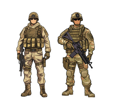 Illustration of an army soldier in a military uniform with Gun.