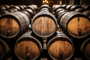 Stacked Wine barrels underground . 