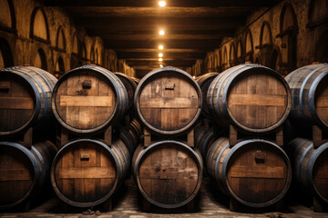 Stacked Wine barrels at the winery. 