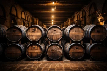 Rolgordijnen Wine casks at the winery. Stacked Wine barrels at the german winery. Old vintage whisky cask.  © nnattalli