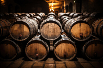 Wine casks at the winery. Stacked Wine barrels at the german winery. Old vintage whisky cask. 