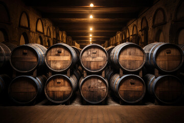 Stacked Wine barrels at the underground winery.  - obrazy, fototapety, plakaty