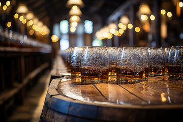 Glasses with whisky in old cellar. 