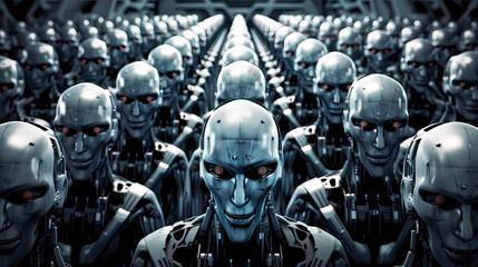Army of advanced robots standing in formation, Artificial intelligence robot standing in formation humanoi robot 