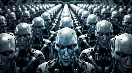 Fototapeta premium Army of advanced robots standing in formation, Artificial intelligence robot standing in formation humanoi robot 