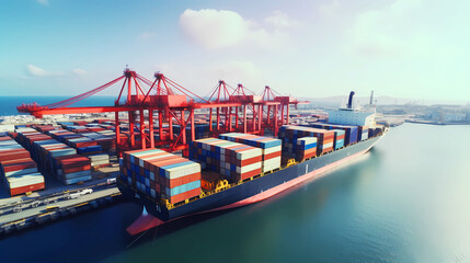 Fototapeta premium An aerial view captured by a drone, showcasing the intricate operations of a bustling container shipping business engaged in the import and export of goods. 