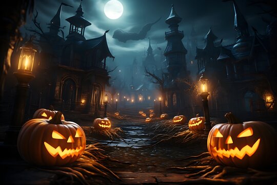 3d rendered group of jack o lantern pumpkins on graveyard at night, castle. house. Halloween, spooky season, evil, mist. Ai generated