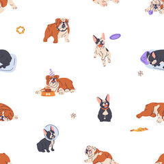 Seamless canine pattern, cute dogs, puppies of French and English bulldog breeds. Endless background, repeating print design with doggies life, toys. Printable flat vector illustration for textile - obrazy, fototapety, plakaty
