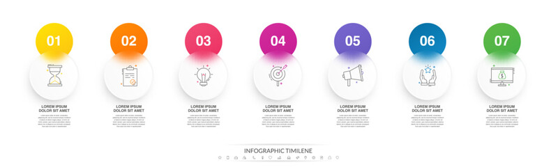Modern vector minimalist infographic template composed of seven circles and steps. Business design with marketing icons for 7 options