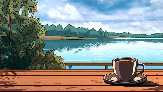 cup of coffee on wooden table the terrace with lake background