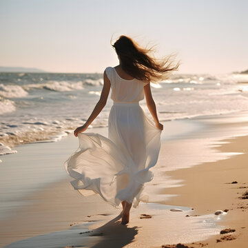 woman walking on the beach in a white dress