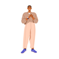 Fototapeta premium Happy man applauding with appreciation, admiration. Smiling person clapping hands, approval, supporting gesture. Applause, congratulation. Flat vector illustration isolated on white background