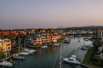 Obraz premium Sotogrande luxury exclusive living place in Andalusia , Spain coast captured from drone , aerial photography