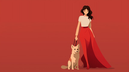 young woman walking with her dog. minimalist illustration. Generative Ai. 