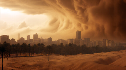 A sandstorm approaches a city in the desert. Generative Ai. 