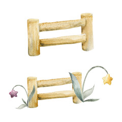 Watercolor hand drawn illustration, jumping wooden fence, magical star flowers leaves and stems. Single object isolated on white background. For kids, children bedroom, fabric, linens print, card art