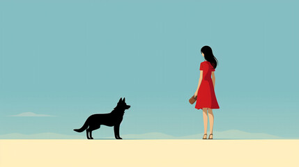 girl and dog look at each other against the blue sky, minimalist design. Generative Ai. 
