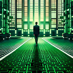 3d futuristic fragmented tiled mosaic labyrinth interior. Generative AI