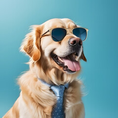 smiling golden retriever with sunglasses and blue tie pastel light blue background