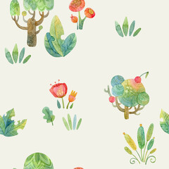 Watercolor cartoon seamless pattern, fairy forest