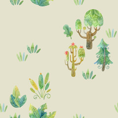 Watercolor cartoon seamless pattern, fairy forest
