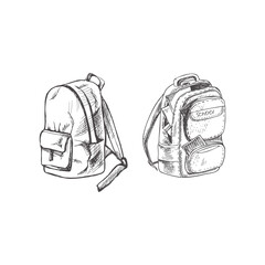 Vector hand-drawn school Illustration. Detailed retro style backpacks sketch. Vintage sketch element. Back to School.