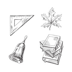 Vector hand-drawn school  Illustration set. Detailed retro style school bell, books, triangular ruler and maple leaf sketch. Vintage sketch element. Back to School.