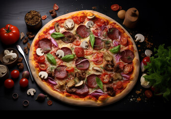 Juicy traditional pizza with cheese and salami. Italian cuisine. Top view. On a dark background.