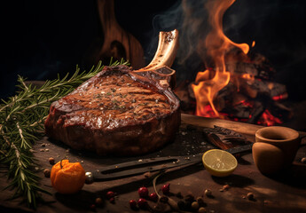 Juicy steak on the bone "Tomahawk" cooked on the grill. Spices, vegetables and herbs. On a dark background.