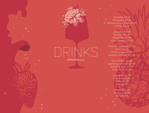 Drinks menu design template. Strawberry, pineapple, rose, wine glass. Simple pencil drawing. Red color. Vector illustrations. Layout for restaurant, bar. List, booklet, flyer, brochure, banner, label.