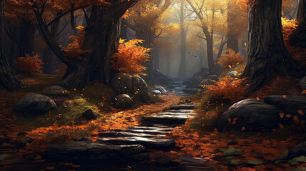 Fototapeta premium steps through the autumn forest in the morning