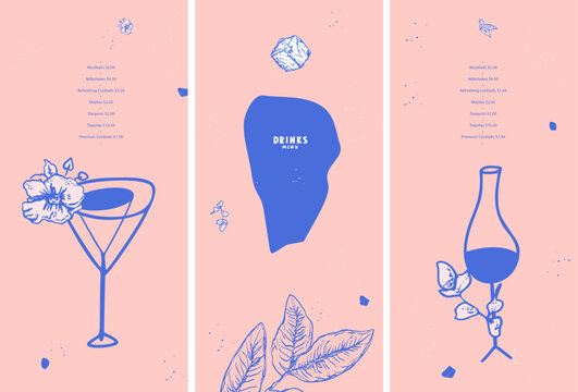 Drinks menu. Cocktail. Wine. Mint leaves, ice cube. Pink color. List, banner, booklet, flyer, brochure, price, poster. Vector illustration for restaurant and bar application.
