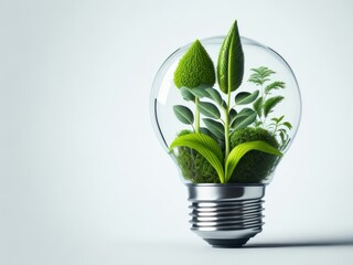 Lightbulb with green plants inside, AI generated