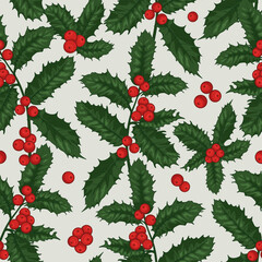 Christmas  seamles pattern with holly berry on grey background. Holly berry vector illustration.  - 635027747
