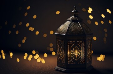 Fototapeta na wymiar Islamic golden lantern on dark background, AI generated