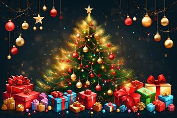 Fototapeta na wymiar Christmas tree with colorful decoration of Xmas objects and gift boxes made with Generative AI