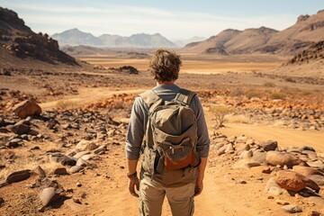 Obraz na płótnie Canvas Adventurer exploring a remote desert landscape - stock photography concepts