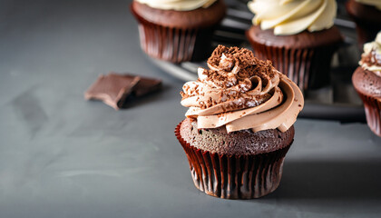 Food bakery bake photography - Chocolate cupcake with frosting, on dark table background