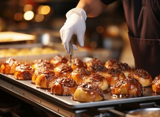 Baker arranging trays of freshly baked holiday pastries - stock photography concepts