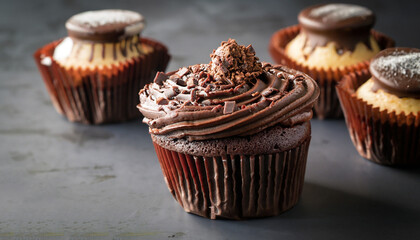 Food bakery bake photography - Chocolate cupcake with frosting, on dark table background