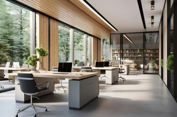 Office interior with desks and computers