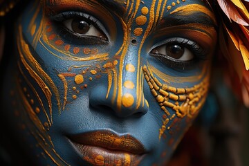 Close-up of a persons face adorned with vibrant tribal  - stock photography concepts